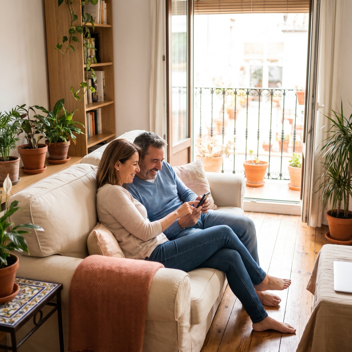 Una pareja en el sofá de su salón mira en el móvil el precio de su seguro de hogar